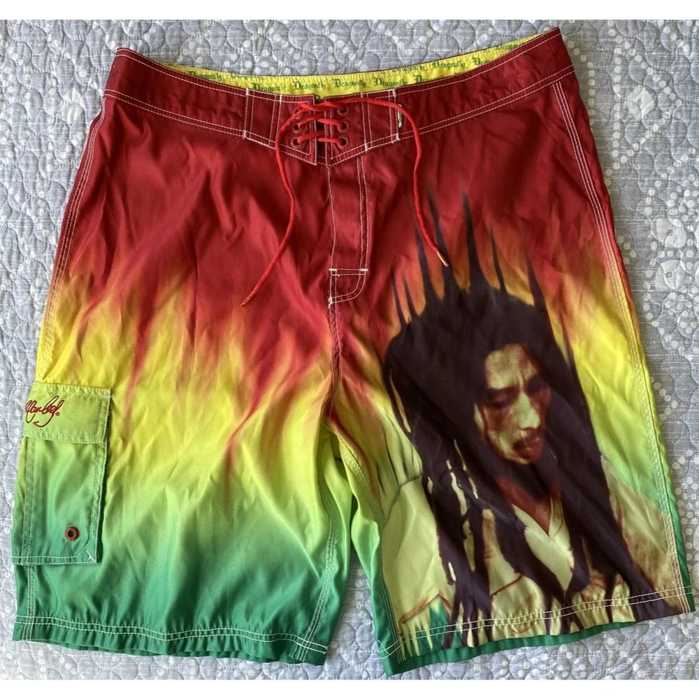 Dragonfly Bob Marley Reggae Men's Swim Trunks Board Shorts Size 38